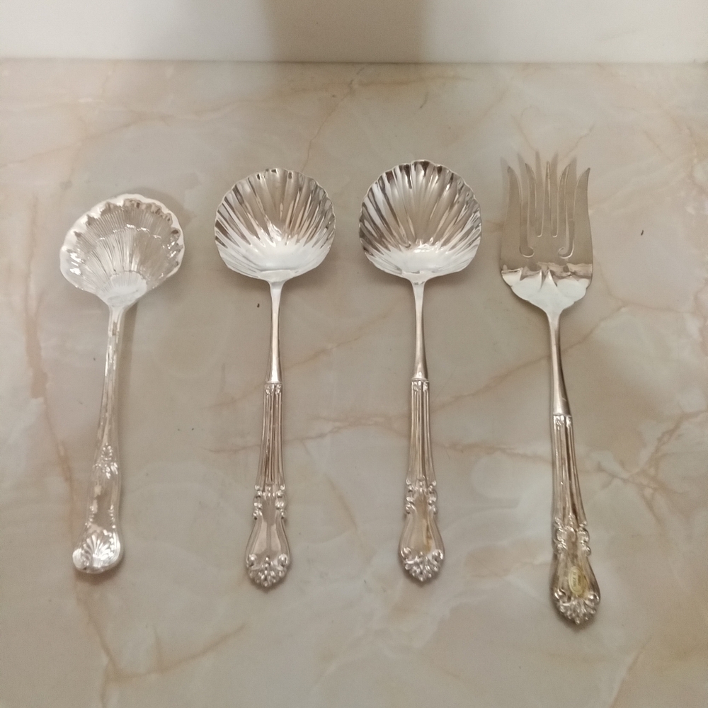 4 Elegant Sea Shell Shape Sterling Silver Glossy Finish Serving Utensil Set